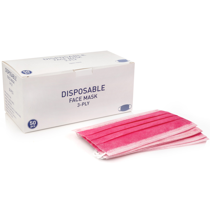 Маска медицинская трехслойная Disposable с ушными петлями, розовая (50 шт)