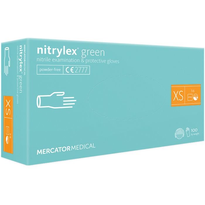 Рукавички нітрилові Mercator Nitrylex GREEN неопудрені, розмір XS, 100 шт