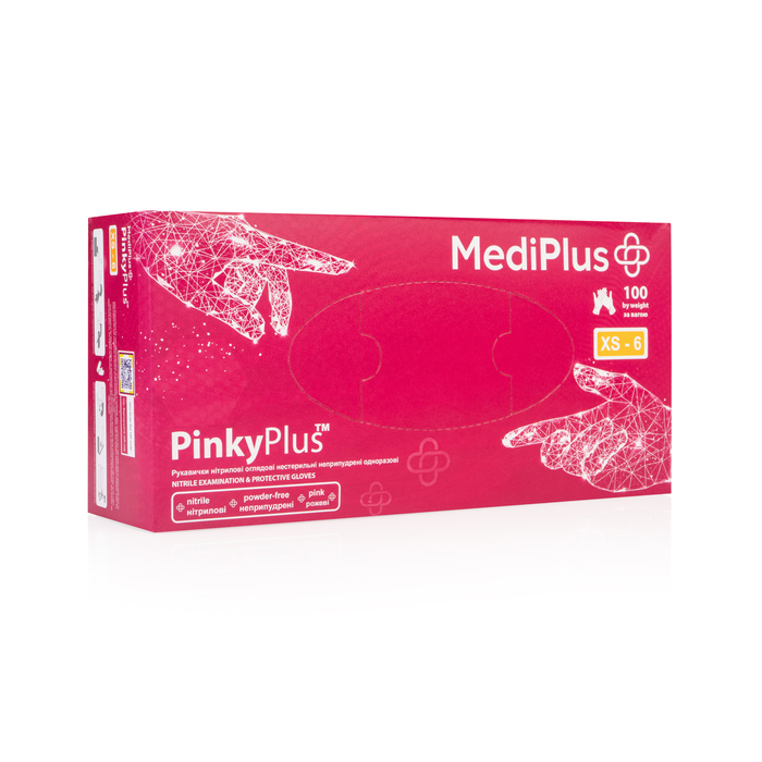 Рукавички нітрилові MEDIPLUS PinkyPlus PINK яскраво-рожеві неопудрені, розмір XS, 100 шт