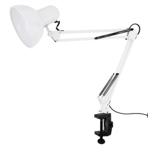 Біла настільна лампа з довгою рукояткою на затиску до столу