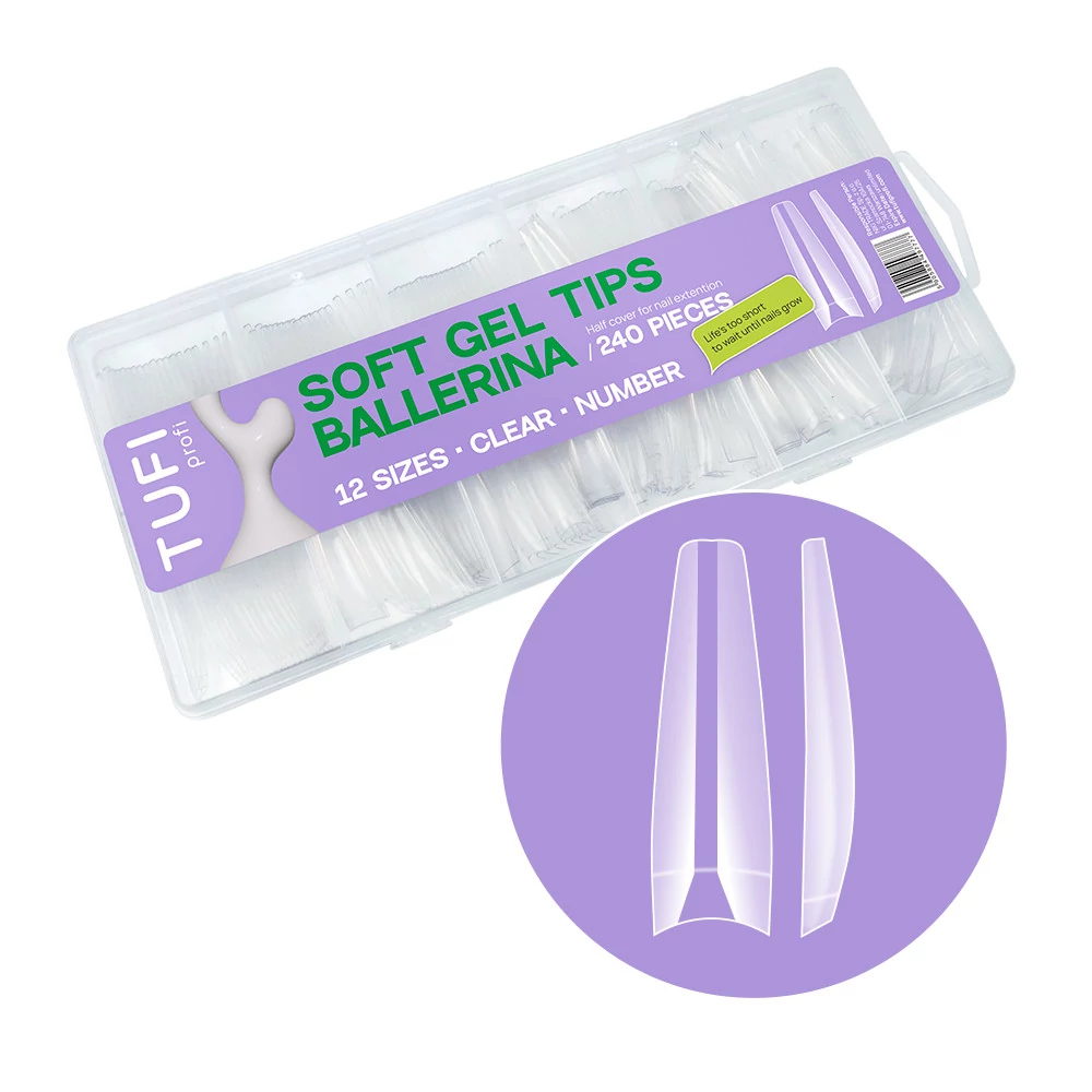 Гелеві тіпси TUFI profi Half Cover Soft Gel Tips Балерина Прозорі, 240 шт Гелеві тіпси TUFI profi Half Cover Soft Gel Tips Балерина Прозорі, 240 шт
