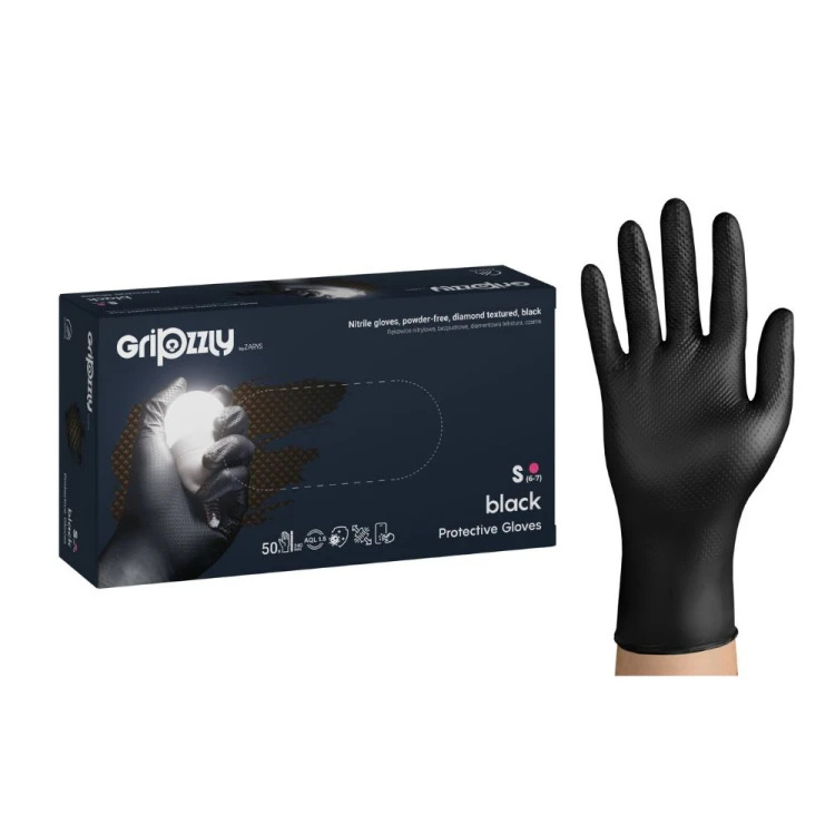 Рукавички нітрилові надміцні Gripzzly BLACK чорні з алмазною текстурою неопудрені, розмір S, 50 шт
