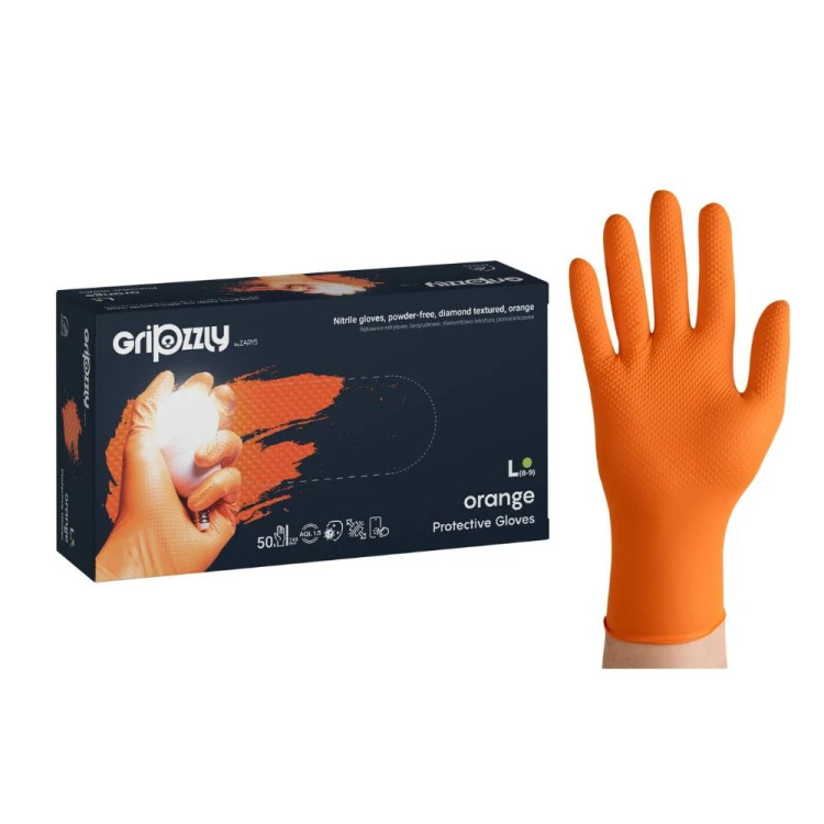 Перчатки нитриловые сверхпрочные Gripzzly ORANGE оранжевые с алмазной текстурой неопудренные, размер L, 50 шт