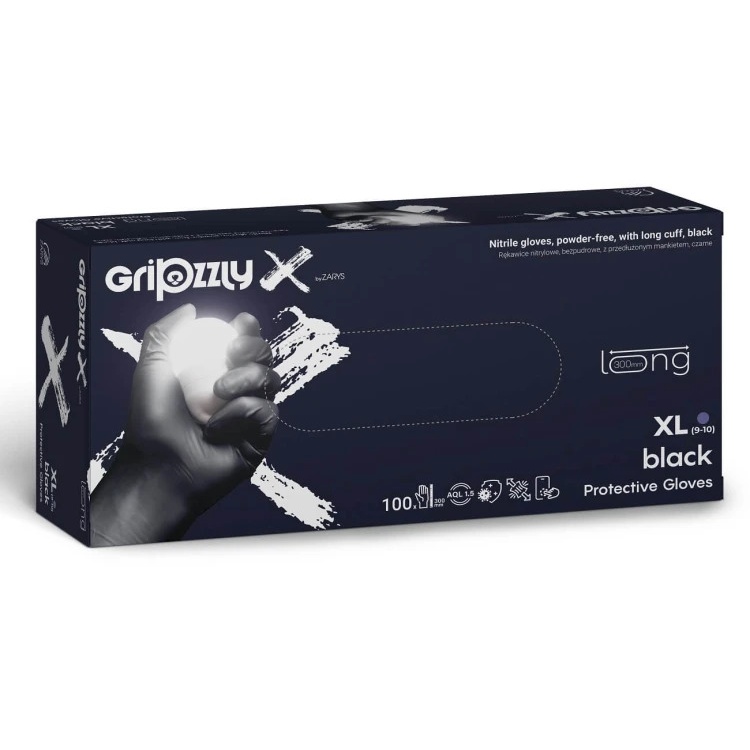 Рукавички нітрилові надміцні GripzzlyX чорні неопудрені, подовжена манжета, розмір XL, 100 шт